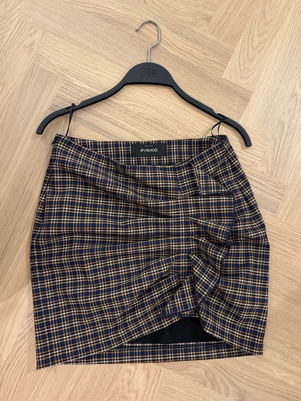 Pinko Navy and Tan Plaid Wrap-Front Mini Skirt
